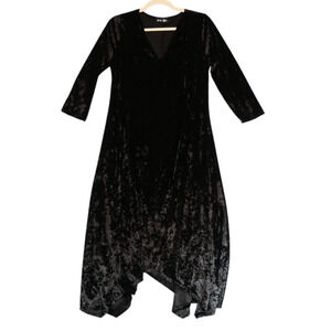 Bella Flore Crushed Velour Velvet Midi Dress Womens L Black Boho Stretch Pretty